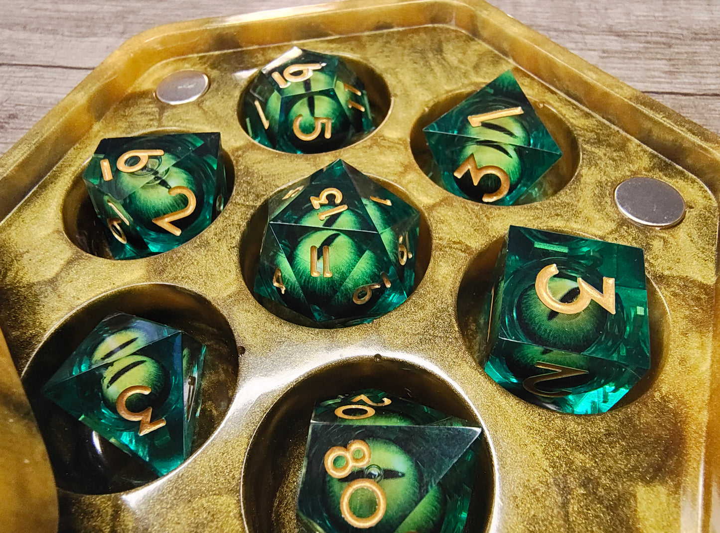 Gold Epoxy Resin Dice Case and Dragon Eye Core Dice