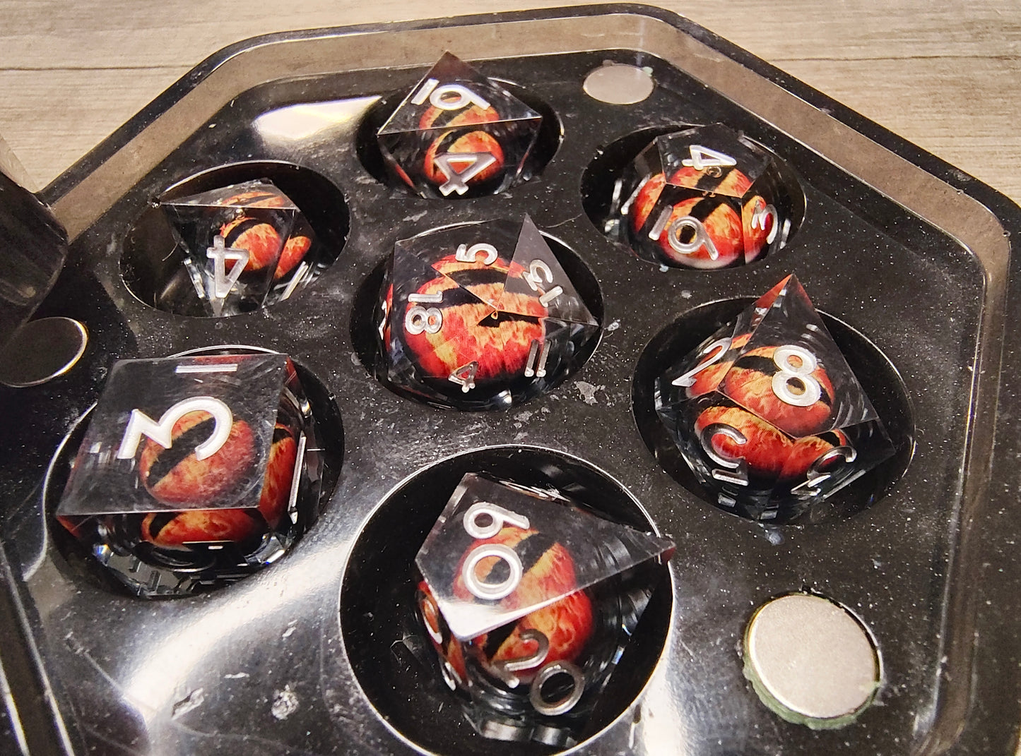 Black Epoxy Resin Dice Case and Dragon Eye Core Dice