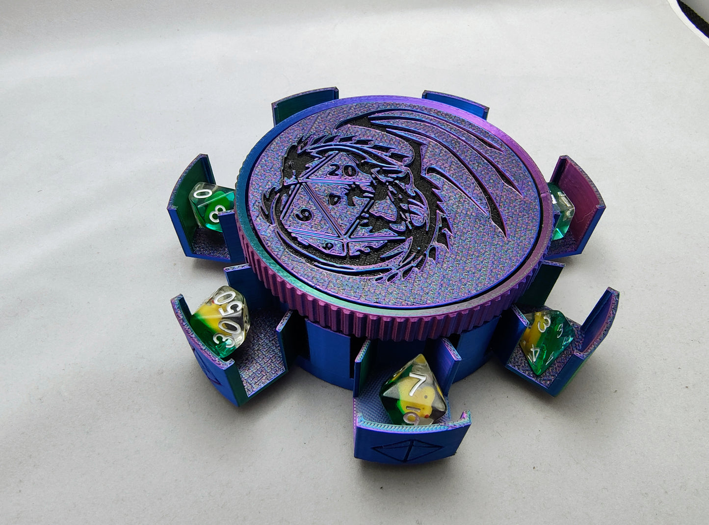 Rotating DnD Dice Case with Liquid Core Dice